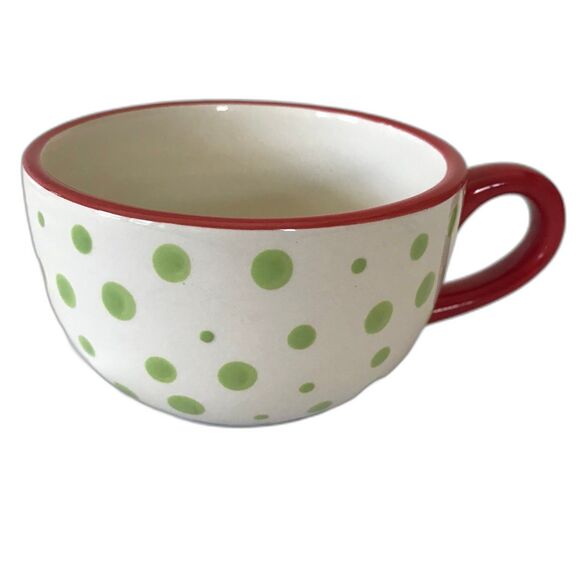 Pier 1 Coffee Mug Cup Trees Dots Xmas Hand painted Ironstone Red Green Rare - Picture 1 of 5